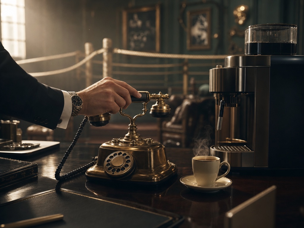 Une main en costume décroche un téléphone en laiton près d'une machine à café, les cordes d'un ring en arrière-plan