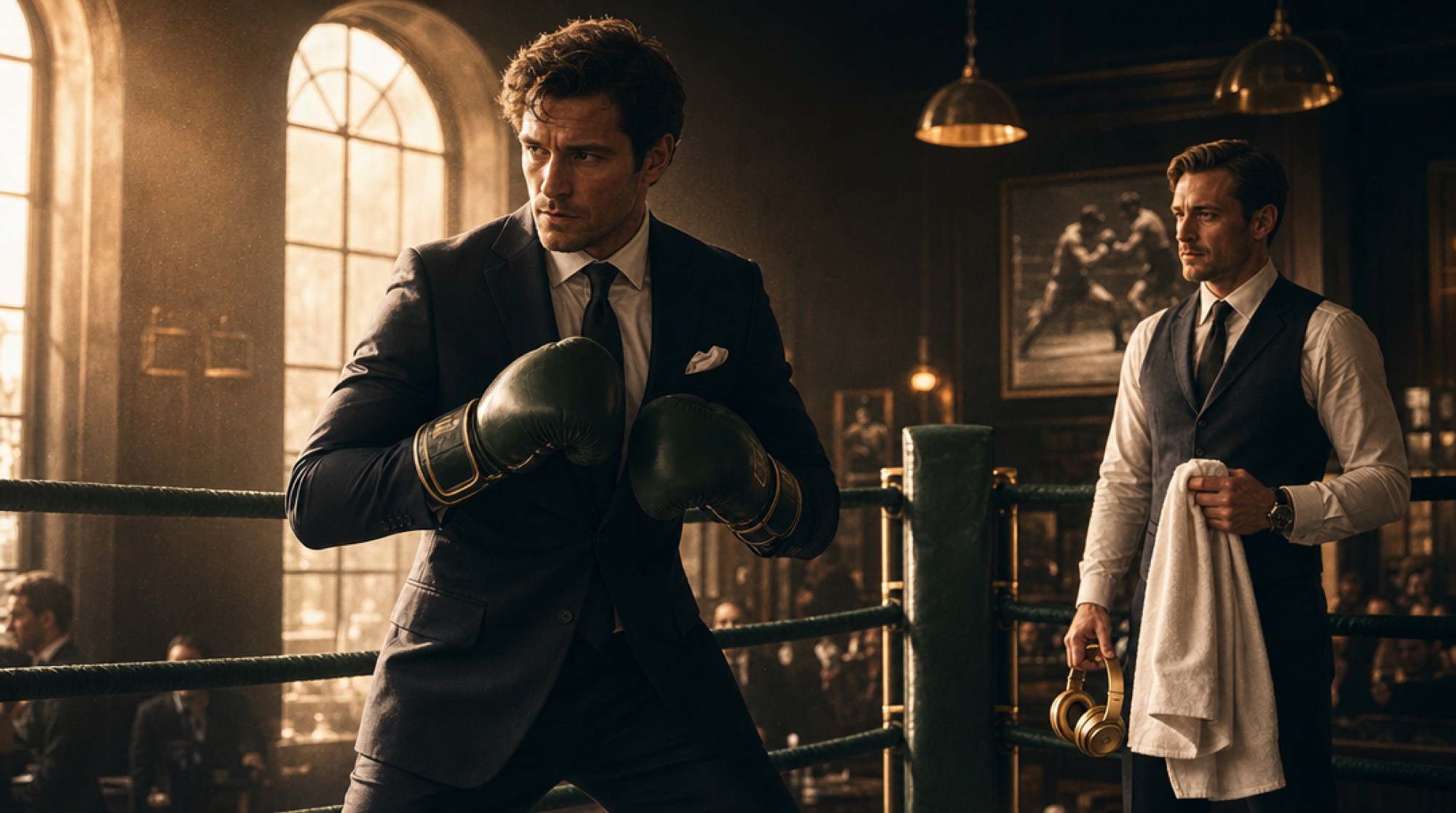 Un commercial en costume, gants de boxe aux poings, s'entraîne sur le ring sous l'œil de son coach